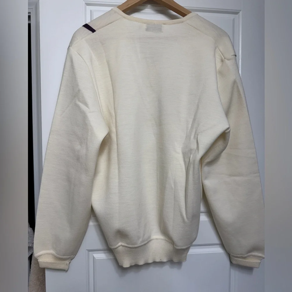 Vintage St. Croix Knits Cream V-Neck Sweater Velvet Appliqué Geometric 80s Sze L
